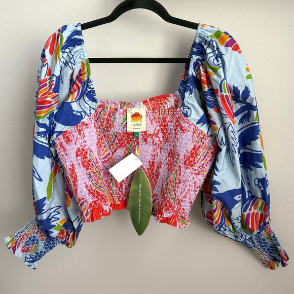 NWT Farm Rio Mixed Colors Birds Smocked Crop Top Size XL - Picture 2 of 13